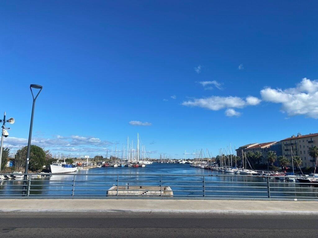 A marina with boats docked, a clear sky, and buildings in the background.