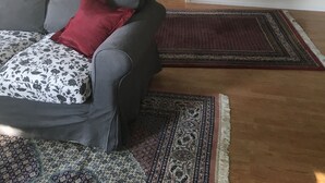 Een woonkamer met een grijze bank, een rood kussen en een tapijt met een patroon. Op de muur hangt een groot abstract schilderij en er is een kroonluchter.