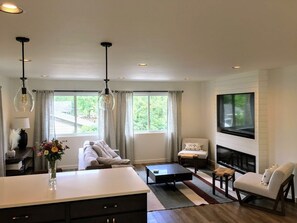 TV connectée, cheminée, chaîne hi-fi