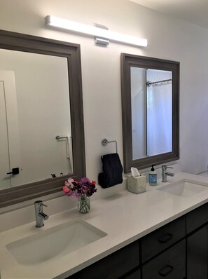 Combined shower/tub, hair dryer, towels, soap