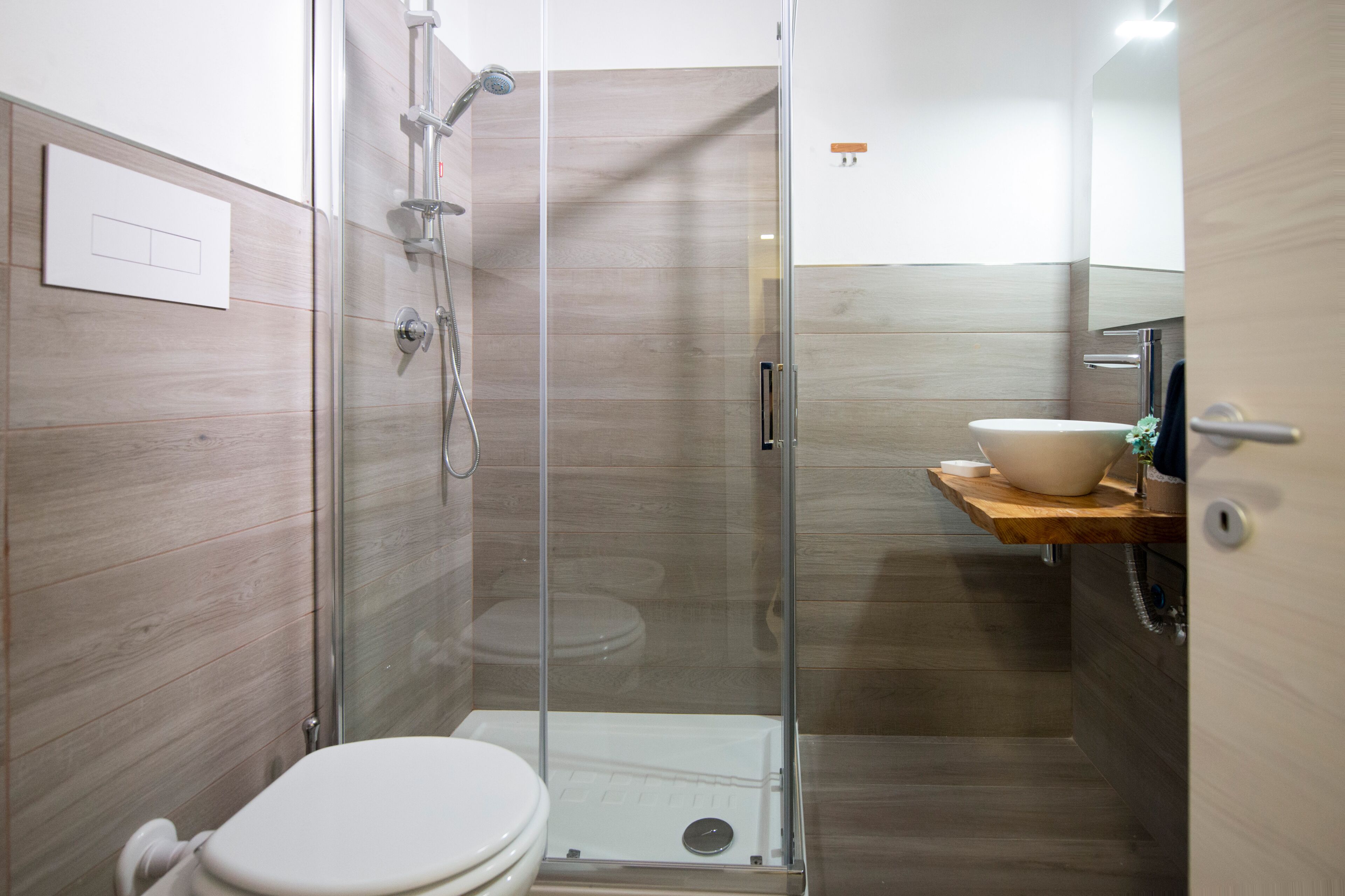 Shower, rainfall showerhead, hair dryer, bathrobes