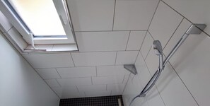 Comfort-Apartment, barrierefrei, Stadtblick | Dusche mit Handbrause