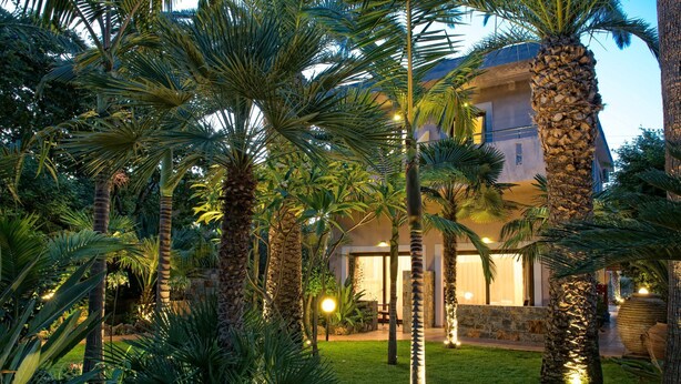 A well-lit courtyard with palm trees, a stone wall, and a building with large windows. - Villa Sonia by Estia Adults Only (Hersonissos)