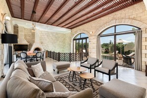 Villa, 3 Bedrooms, Private Pool | Living area | 32-inch LED TV with cable channels, TV, DVD player - Caldera Platanias Villas (Platanias)