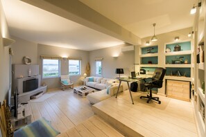 TV, fireplace, books, stereo