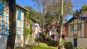 A courtyard with traditional buildings, a grassy area, and a tree. - Villa ALICE ideally located in the heart of the MOLIETS-ET-MAA golf course (MOLIETS-ET-MAA)