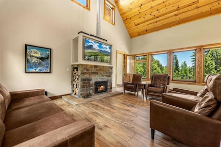 Smart TV, fireplace, books, stereo. Ultra Green Modern Mountain Home