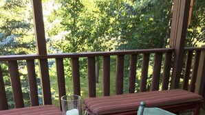 A wooden deck with a table set for a meal, featuring plates of food, glasses of wine, and a bench. - 10 minutes to Slopes! Wild Turkey Lodge & Farm BnB, A 5-star traveler's dream! (Huntsville)
