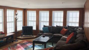 Smart TV, fireplace, books, offices