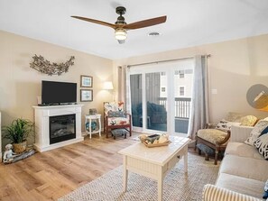 Smart TV, fireplace, DVD player, books