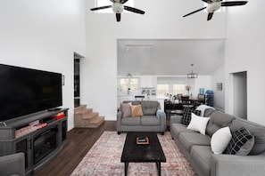 Smart TV, fireplace, video games, DVD player