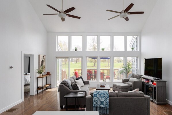 Smart TV, fireplace, video games, DVD player