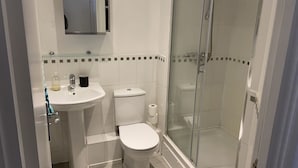Ett badrum med en dusch som är avskärmad med glasväggar, ett handfat och en toalett.