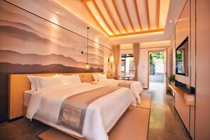 A modern hotel room with two beds, a large window, and a TV. - Manor Landscape Hotel Shenzhen (Shenzhen)