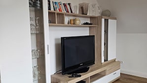 Una sala de estar moderna con un televisor de pantalla plana sobre un mueble de madera, una estantería con libros y adornos, y un armario corredero con puertas de vidrio.