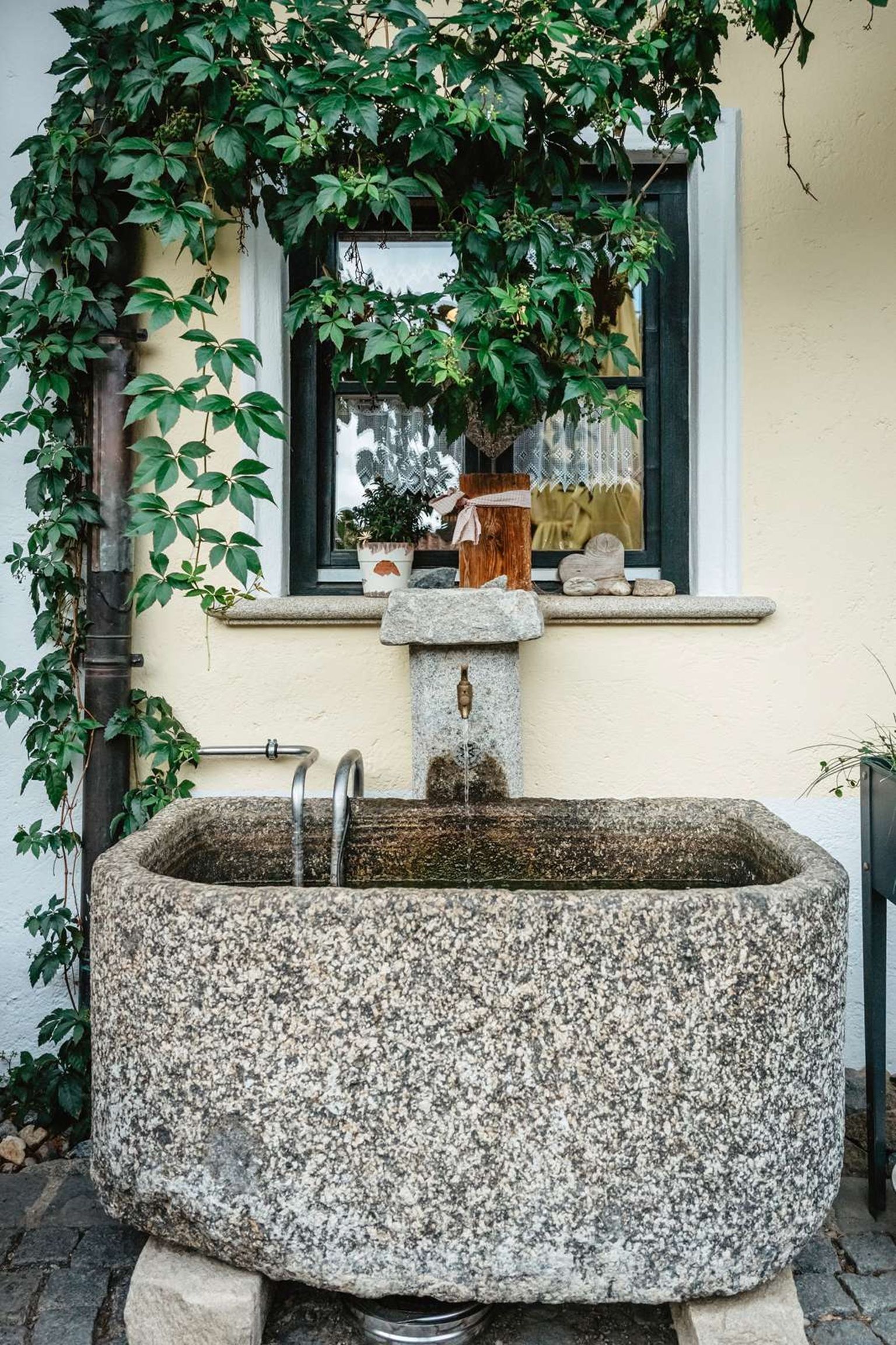 Una fontana in pietra con un bocchetto, circondata da vegetazione e una finestra con vista.
