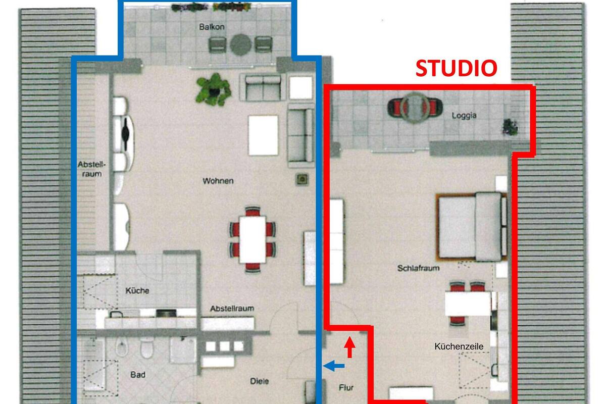 A floor plan of a hotel with labeled rooms including a balcony, living room, kitchen, bathroom, and a studio.