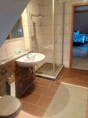 Apartment | Badezimmer | Dusche, Handtücher, Seife, Toilettenpapier