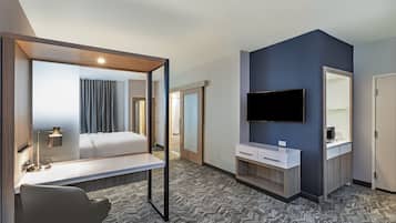 Una habitación de hotel con cama, escritorio, silla, televisor, espejo y baño.