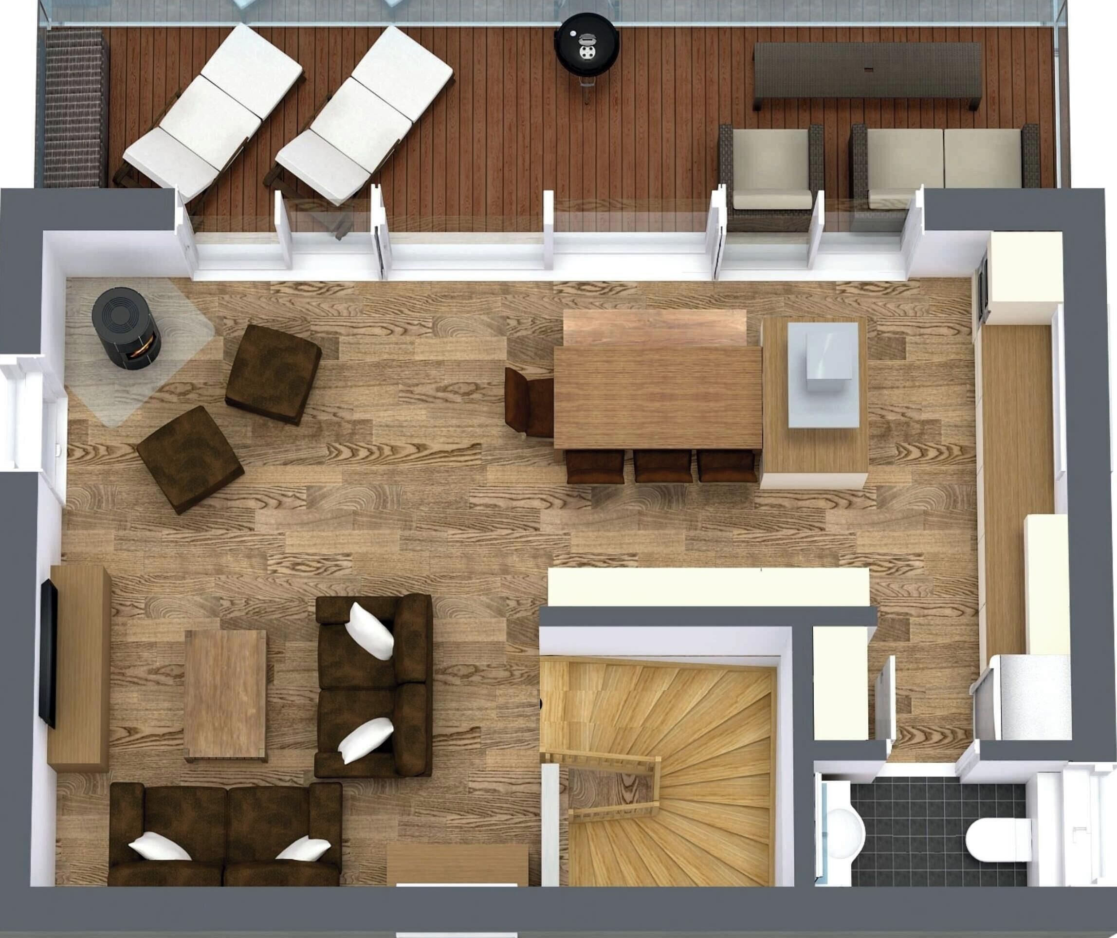 A top-down view of a hotel room with a wooden floor, a sofa set, a dining table, a small kitchen area, and a bathroom.