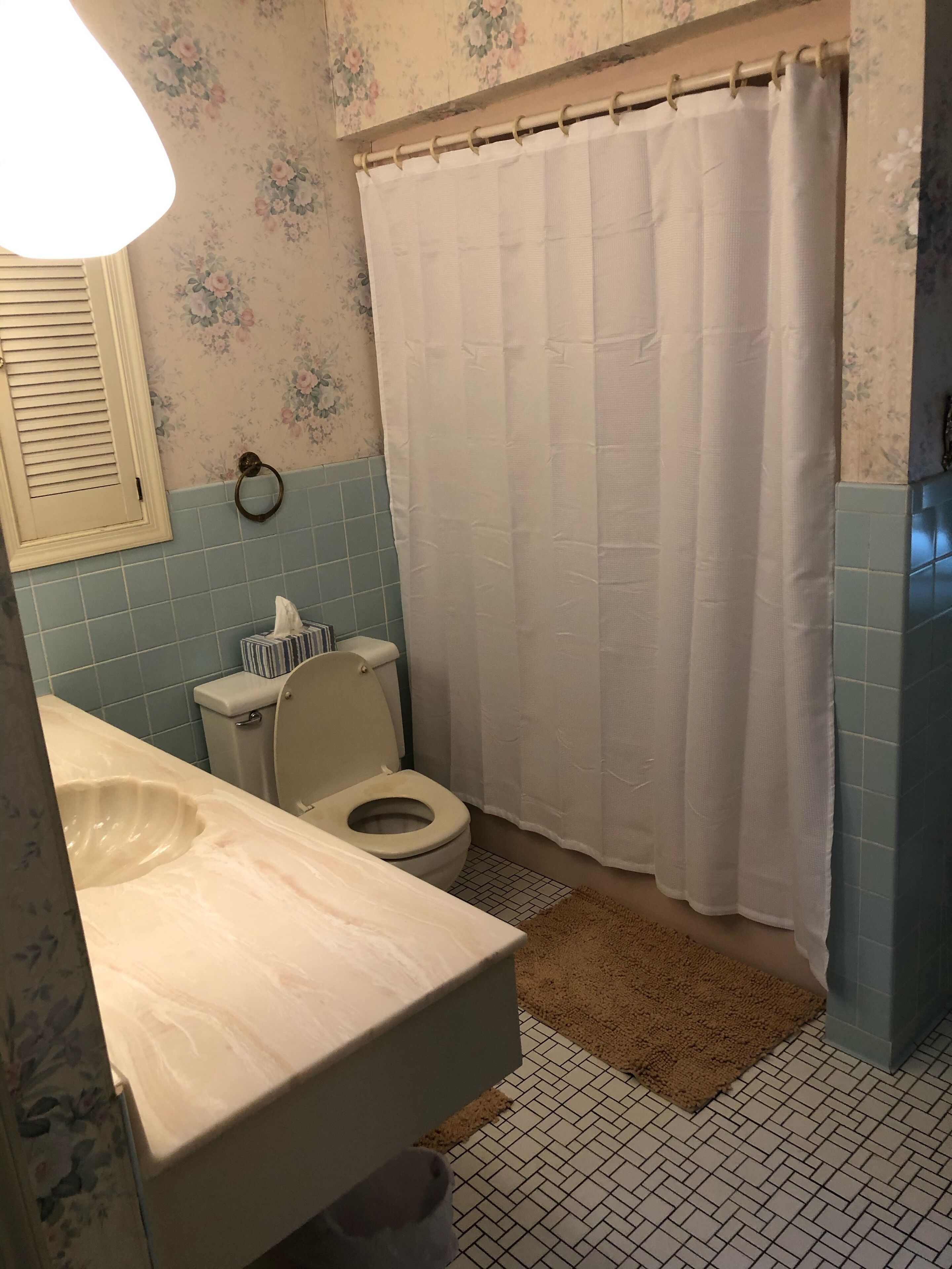 A bathroom with a toilet, sink, and shower curtain.