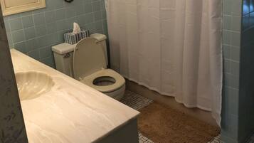 A bathroom with a toilet, sink, and shower curtain.