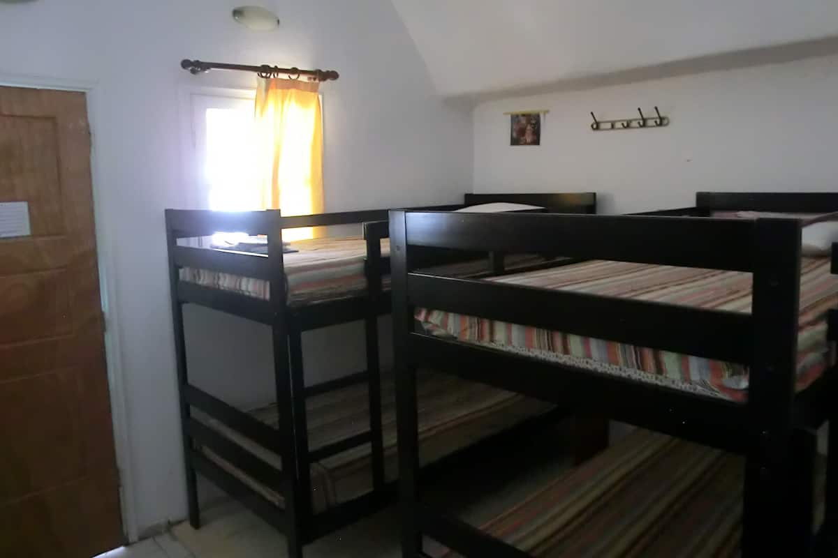 A dormitory room with bunk beds, a wooden door, a window with curtains, and a wall-mounted coat rack.