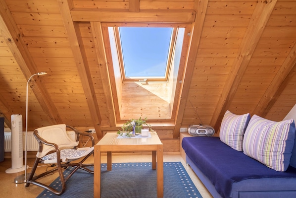 A cozy room with a sloped ceiling, a rocking chair, a sofa, a table with a plant, and a skylight.