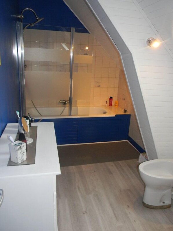 A modern bathroom with a shower, bathtub, and toilet.