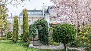 Ein Wohngarten mit einem Weg, der zu einem Haus führt, umgeben von verschiedenen Bäumen und Sträuchern.