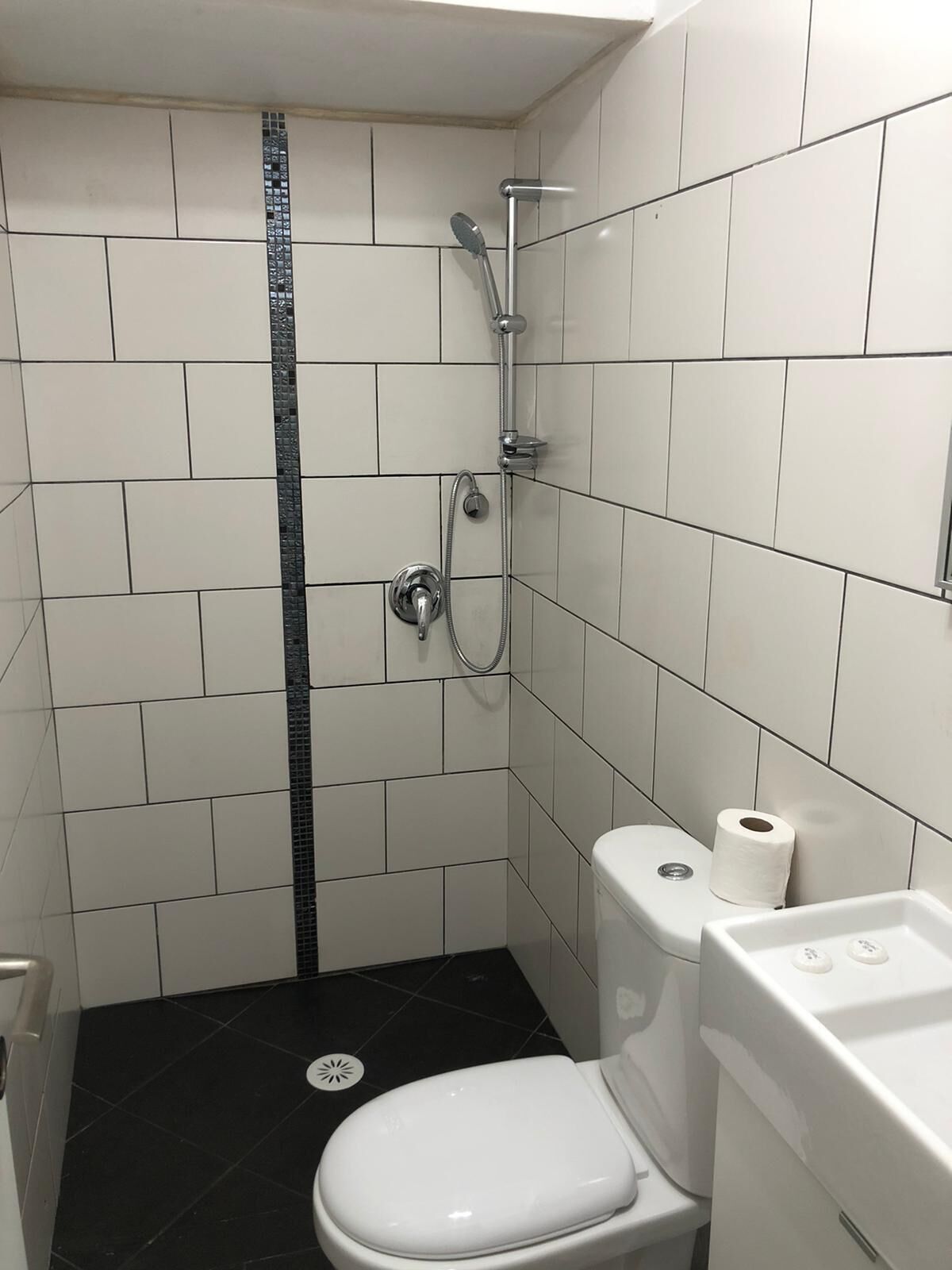 Une petite salle de bain moderne avec des carreaux blancs, un sol noir, des toilettes, une douche avec un pommeau de douche amovible et un rouleau de papier toilette fixé au mur.
