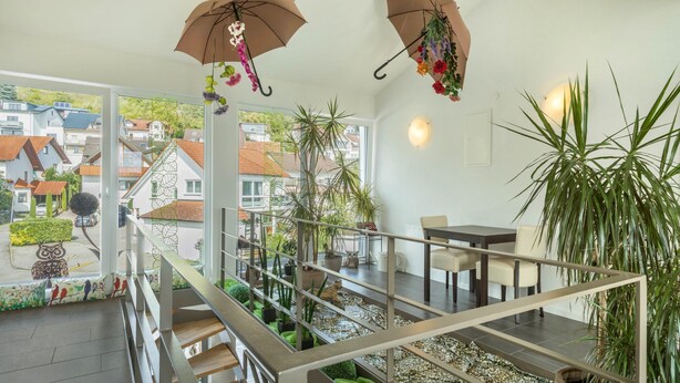 A modern interior with a staircase, indoor plants, and a view of the outside. - Apartment 'Jasmin' with Large Terrace and View of the Beautiful Flower Garden (Sipplingen am Bodensee)