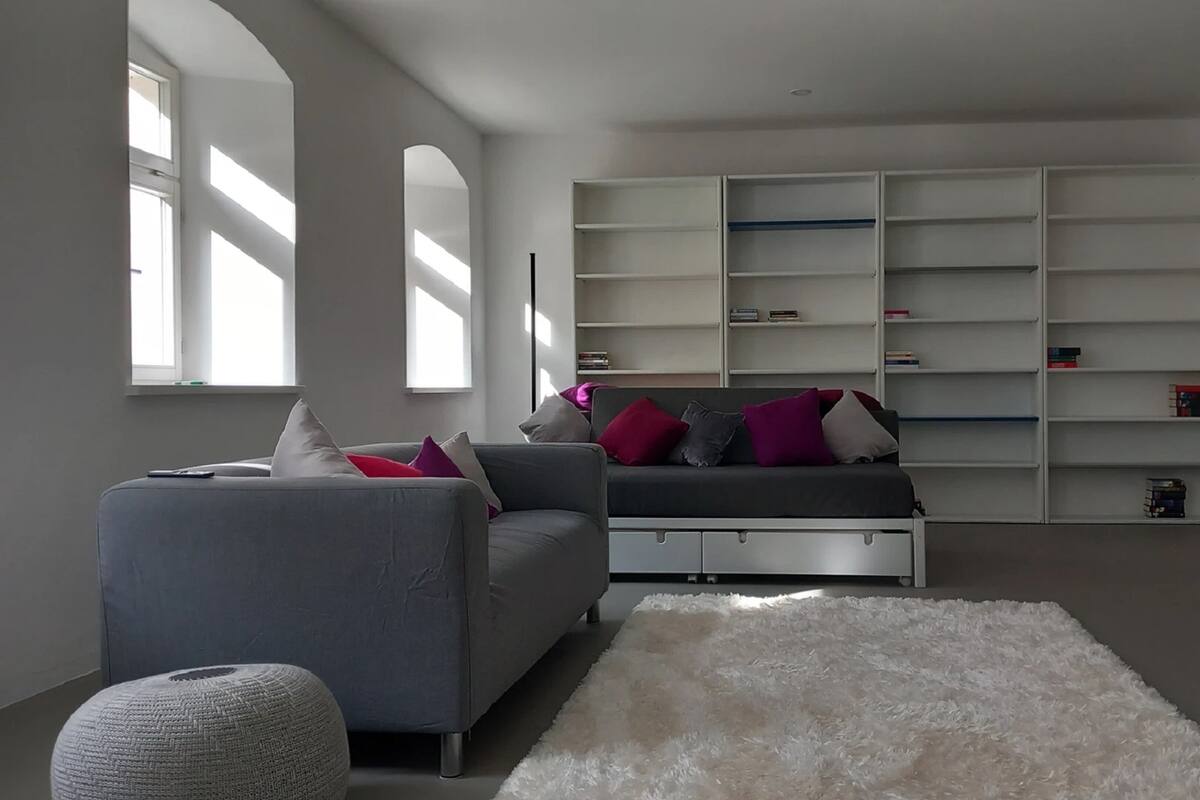 Ein modernes Wohnzimmer mit einer grauen Couch, einem weißen, flauschigen Teppich und einem Bücherregal voller Bücher.