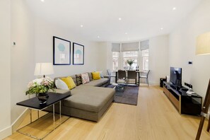 Apartment 3 - Two Bedroom with Balcony | Living area | 30-inch flat-screen TV with digital channels, TV, smart speakers - Fitzrovia by CAPITAL (London)