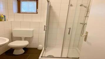 Shower, towels, soap, toilet paper