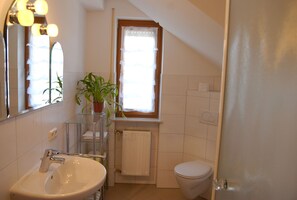 Une petite salle de bain avec un lavabo, un miroir et des toilettes. Il y a une fenêtre donnant sur l’extérieur, et une plante en pot sur le rebord de la fenêtre.