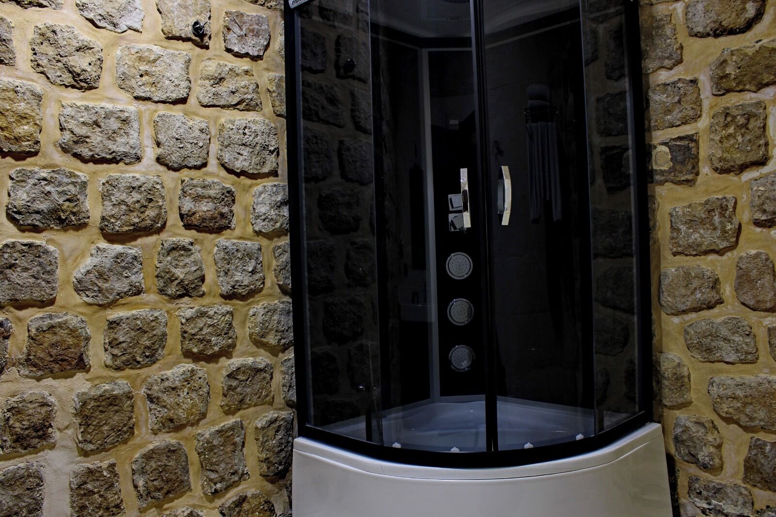 shower, rainfall showerhead, hair dryer, slippers