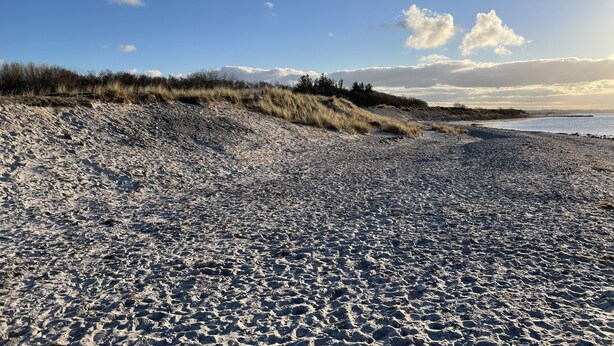 Een zandstrand met duinen en een heldere lucht.
