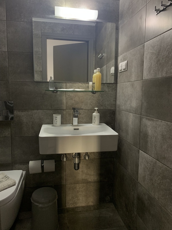 A bathroom with a white sink, mirror, and two bottles of liquid soap. There is a toilet and a trash can visible. - Porto Chania (Chania)
