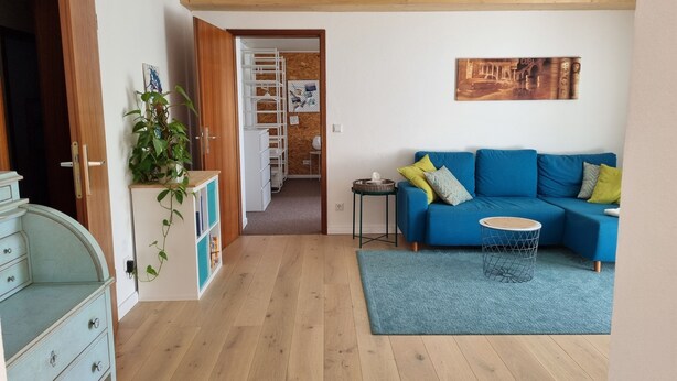 Un soggiorno con un divano blu, un tavolino rotondo, un tappeto blu e un mobile in legno con una pianta.