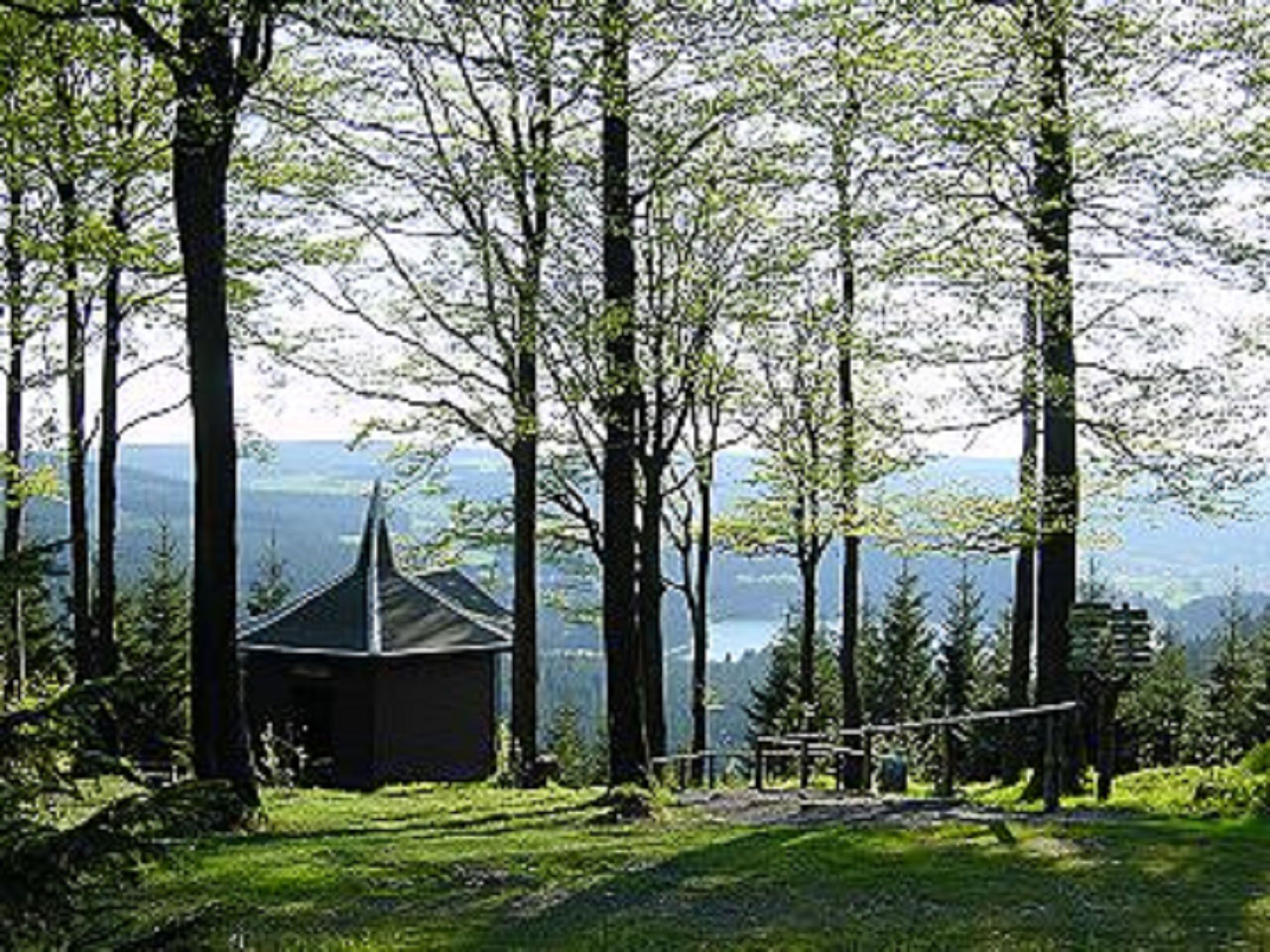 Eine Holzhütte mit kegelförmigem Dach, umgeben von hohen Bäumen und Blick auf einen See.