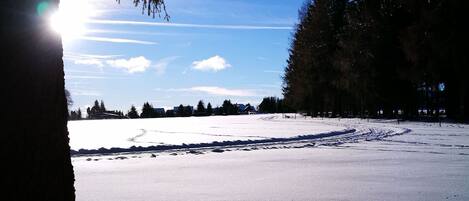A snowy landscape with footprints and a clear sky.