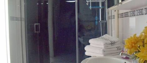 A bathroom with a glass shower enclosure, a white sink with a vase of yellow flowers, and a stack of neatly folded towels.