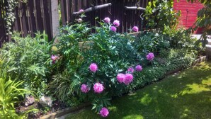 A garden with various plants and flowers, a wooden fence, and a red wall in the background. - Ferienwohnung Auszeit (Hofheim in Unterfranken)