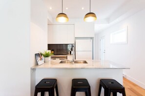 Fridge, microwave, oven, coffee/tea maker - Large modern 2 bedroom condo in Little Italy plus garage (Montréal)