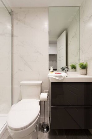 Hair dryer, towels, soap, shampoo