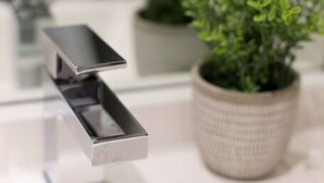 A modern bathroom with a sleek faucet, a potted plant, and a clear glass shower enclosure.