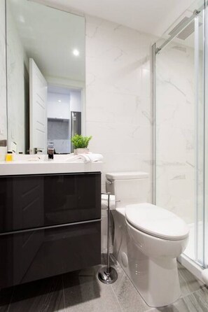 Hair dryer, towels, soap, shampoo