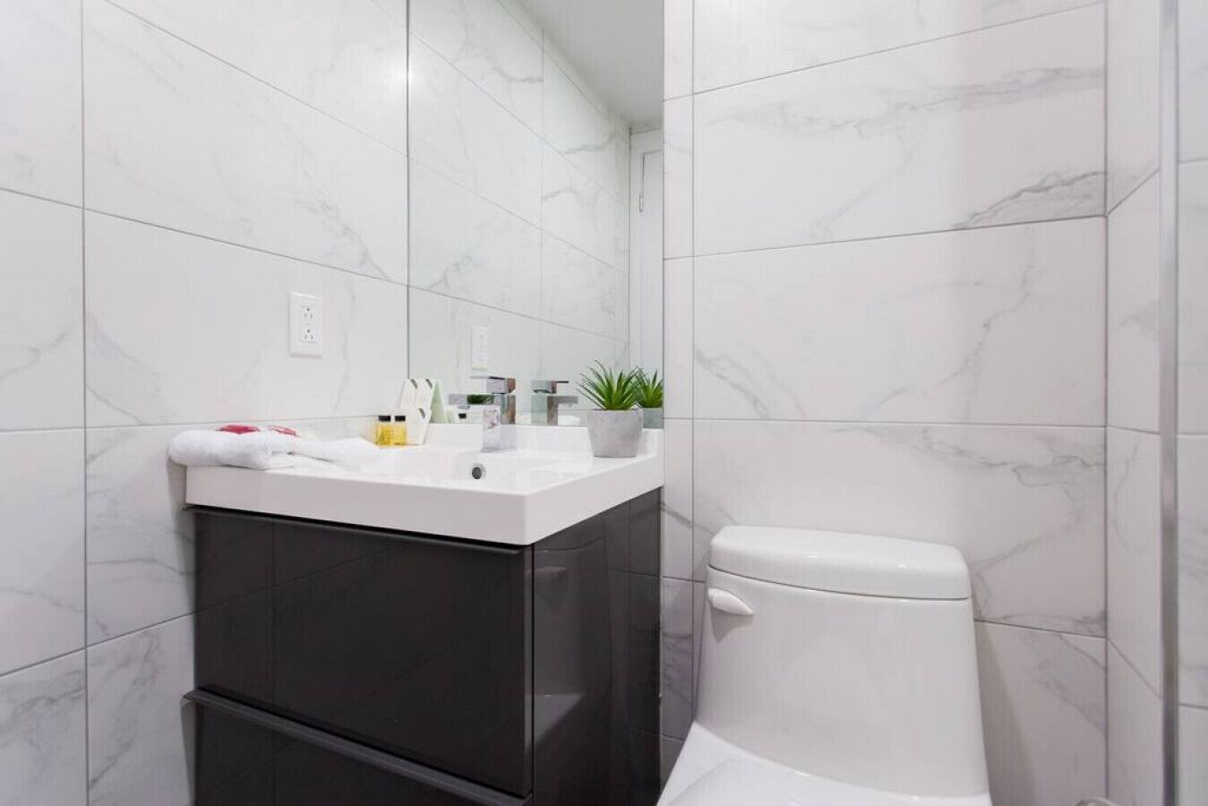 Hair dryer, towels, soap, shampoo