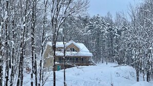Una casa cubierta de nieve rodeada de árboles.